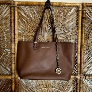 Michael Kors Leather Shoulder Bag in tan.
